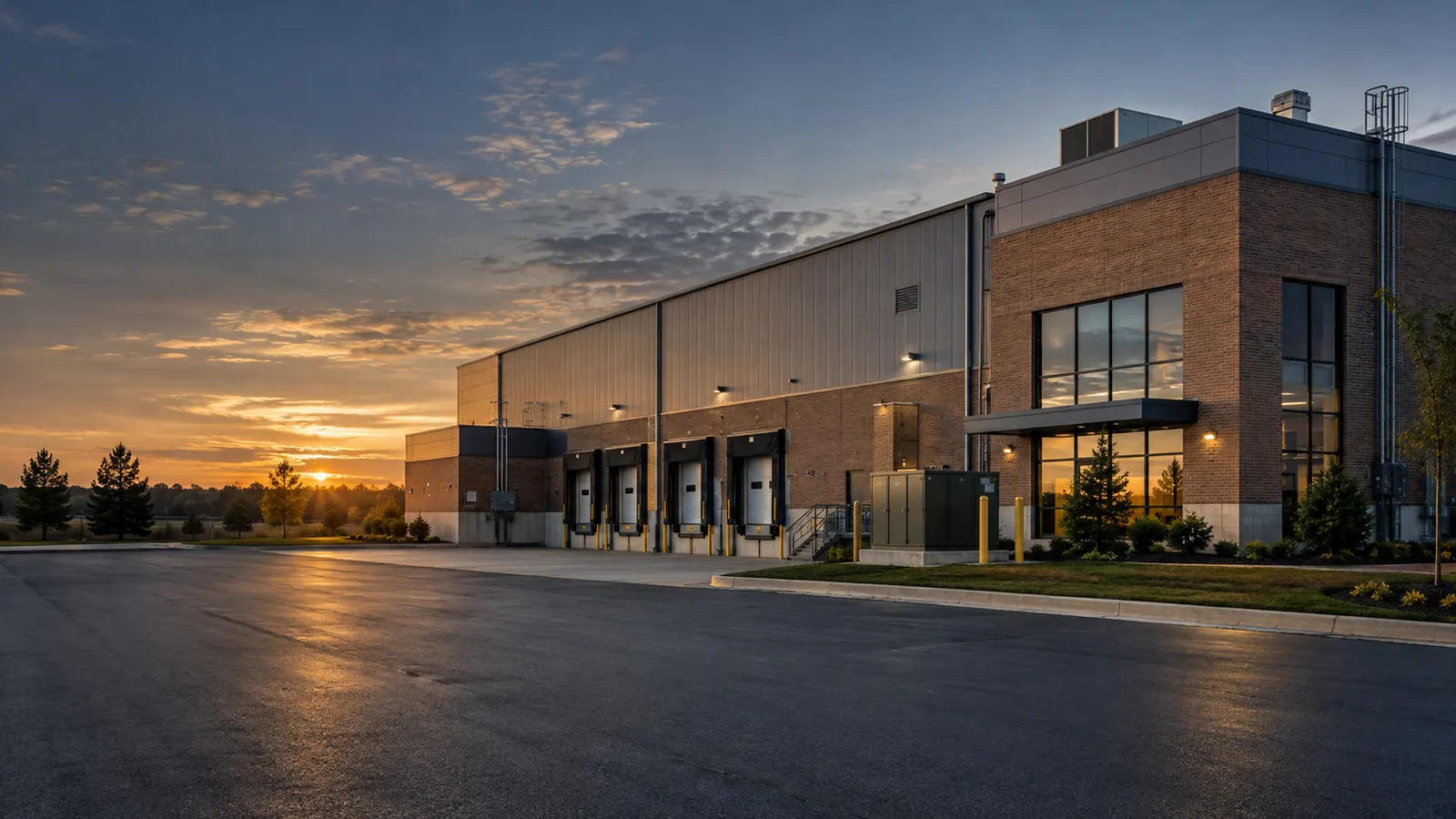 Illustrative Midwest industrial facility and loading bays at sunrise